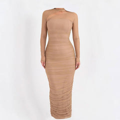 Long sleeve mesh ruched maxi dress