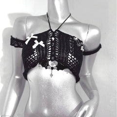 Halter bowknot hollow out knotted tassels top