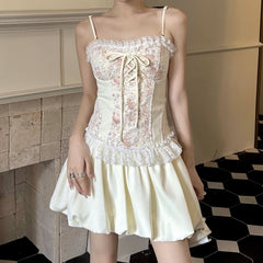 Lace hem ruffle flower print patchwork cami mini dress