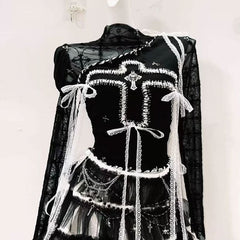 Long sleeve lace hem mesh cross pattern top