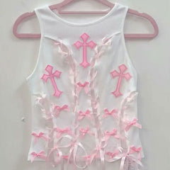 Crewneck bowknot cross pattern lace up ribbon top