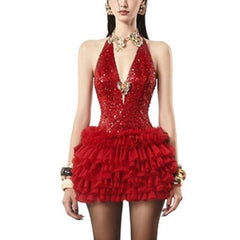 Glitter deep V neck ruched halter ruffle mini dress