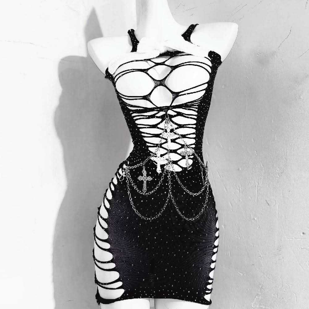 Hollow out beaded metal chain cami cut out mini dress