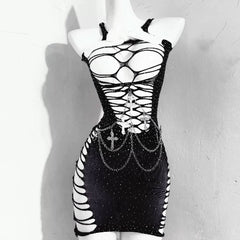 Hollow out beaded metal chain cami cut out mini dress