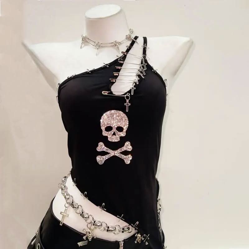 One shoulder beaded skull PU leather belt top