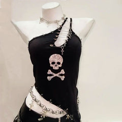 One shoulder beaded skull PU leather belt top