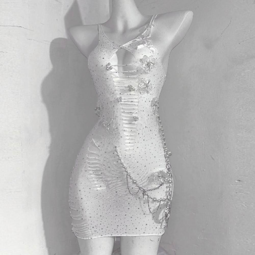 V neck beaded bowknot hollow out metal chain cami cut out mini dress