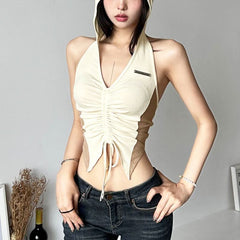 Hoodie v neck ruched drawstring metal tag top