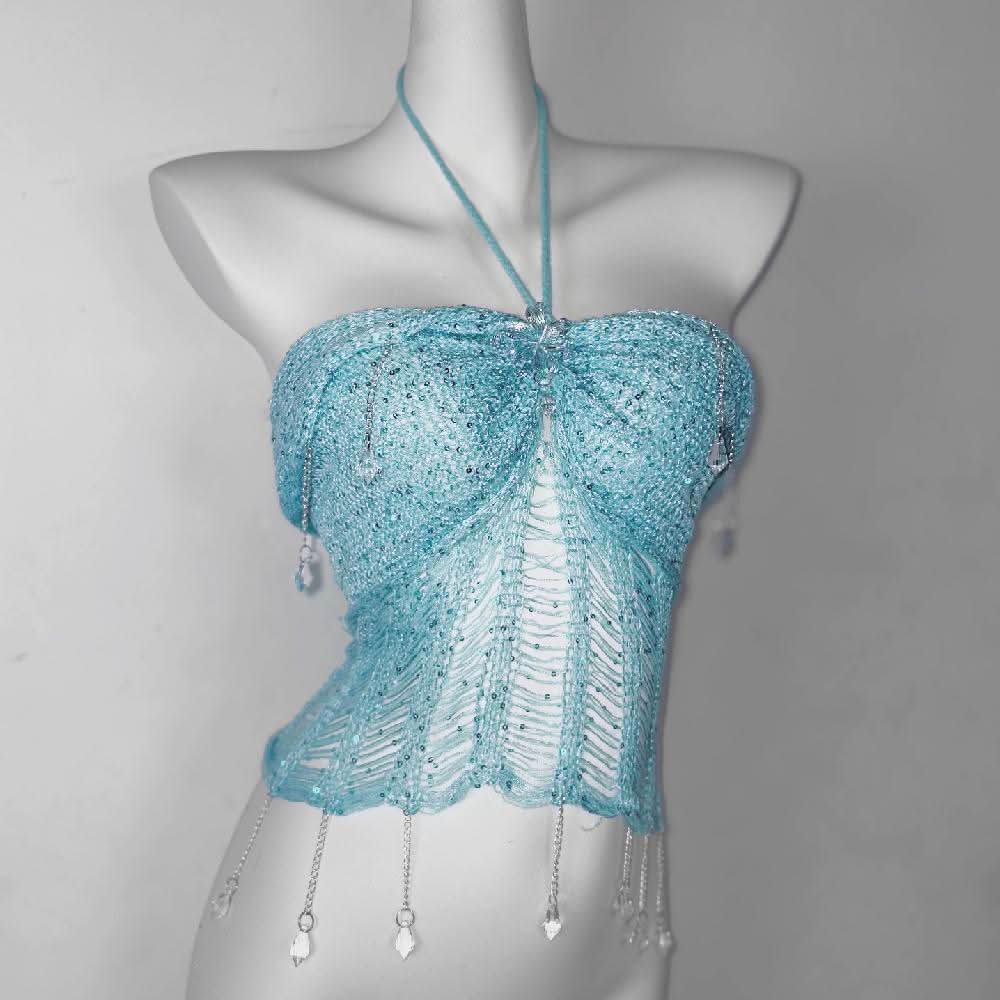 Halter knotted crystal pendant shrug hollow out ruched top
