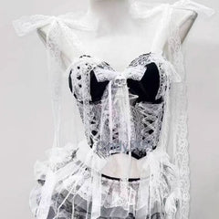 Lace hem v neck bowknot self tie skull applique top