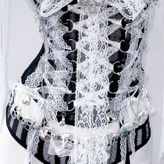 Skull applique lace hem self tie v neck lace up top