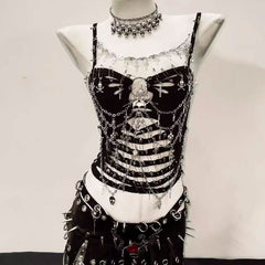 Hollow out metal chain skull applique o ring cami cut out top