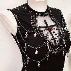 Crewneck beaded flower applique mesh top