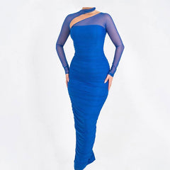 Long sleeve mesh ruched maxi dress