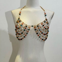 Halter beaded metal chain hollow out crop cut out top
