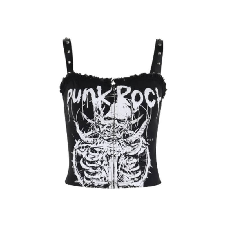 Zip-up letter print rivet applique raw hem cami top