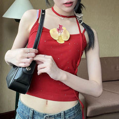U neck gradient beaded flower applique cami top