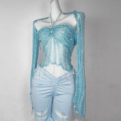 Halter knotted crystal pendant shrug hollow out ruched top