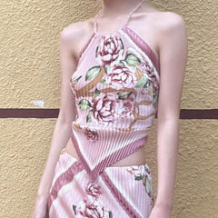 Bowknot ruffle ruched contrast flower print top
