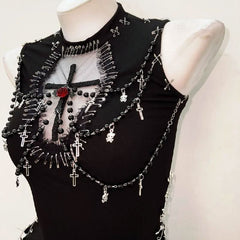Crewneck beaded flower applique mesh top