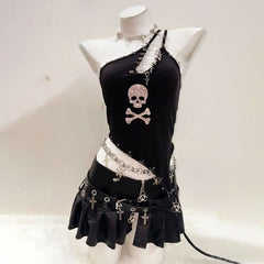 One shoulder beaded skull PU leather belt top