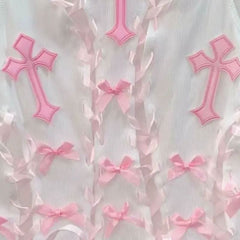 Crewneck bowknot cross pattern lace up ribbon top