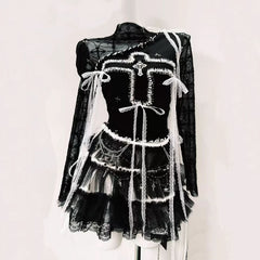 Long sleeve lace hem mesh cross pattern top