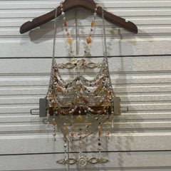 Hollow out halter metal chain beaded cut out top