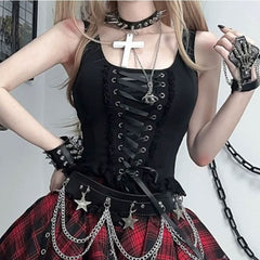 U neck plaid lace hem waist chain top
