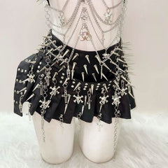 Skull rivet applique PU leather pleated top