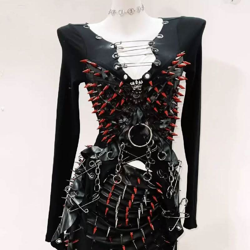 Long sleeve rivet metal chain PU leather top