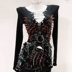 Long sleeve rivet metal chain PU leather top