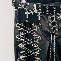 Lace up metal chain hollow out skull applique pant