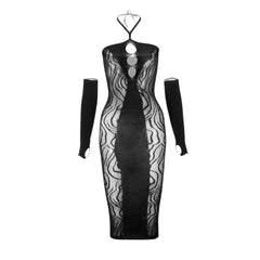 Halter zebra gloves hollow out cami cut out midi dress