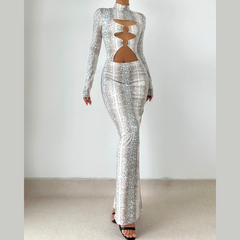 Hollow out long sleeve snakeskin print o ring cut out maxi dress