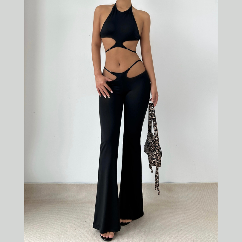 Halter hollow out solid backless pant set