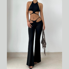 Halter hollow out solid backless pant set