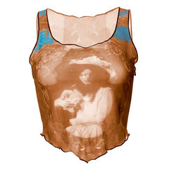 Sheer mesh u neck see through print sleeveless ruffle crop top-final-sale
